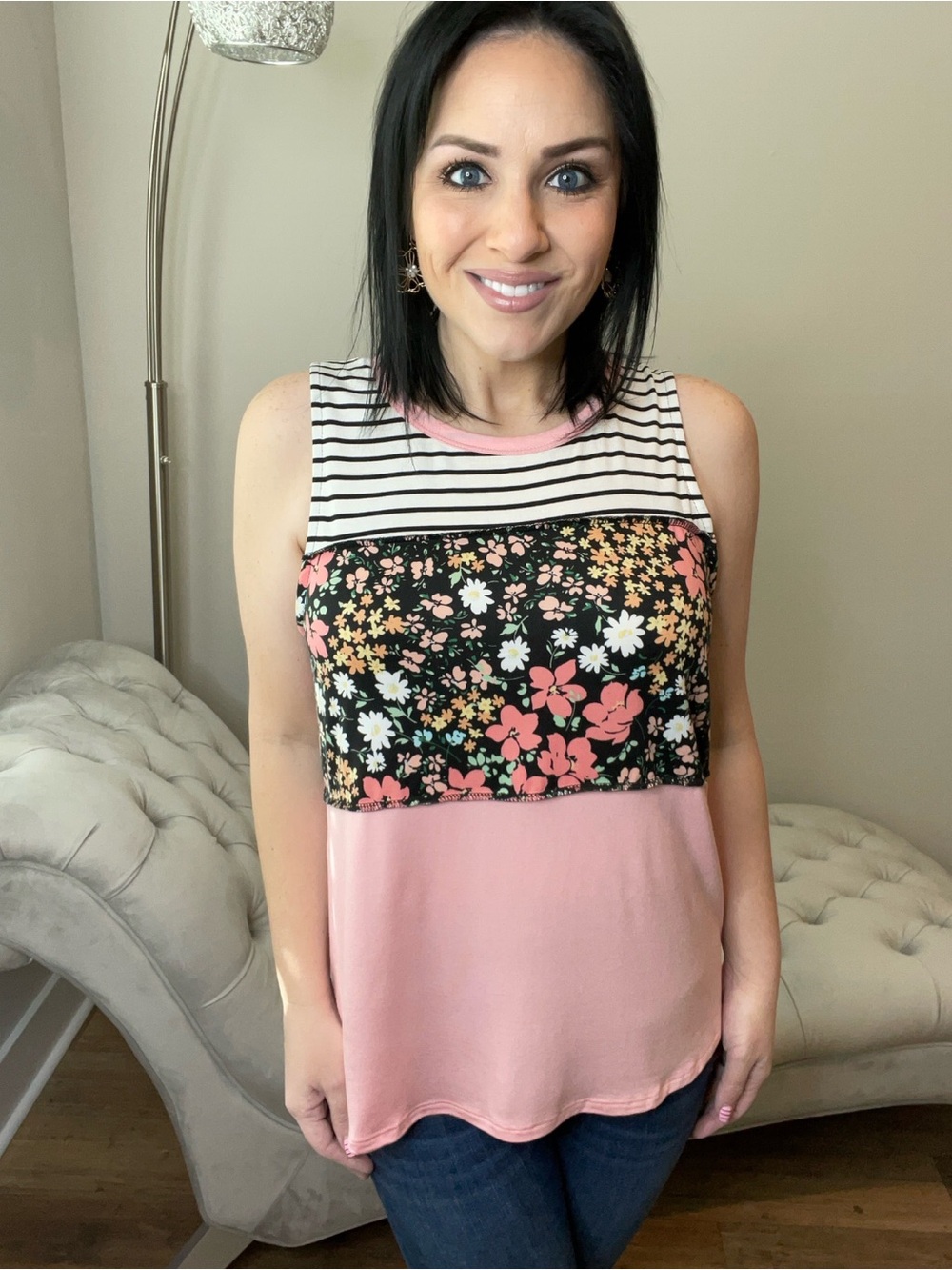 M XL XXXL Striped and Floral Pink Sleeveless Women's Top